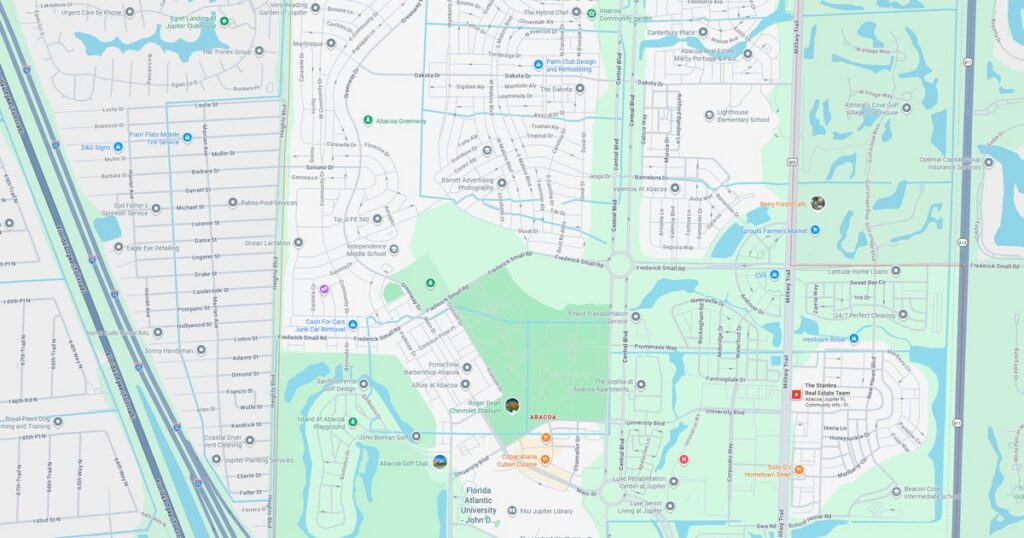 A detailed map of a suburban area showing lakes, parks, and residential streets, highlighting natural features and community layout.