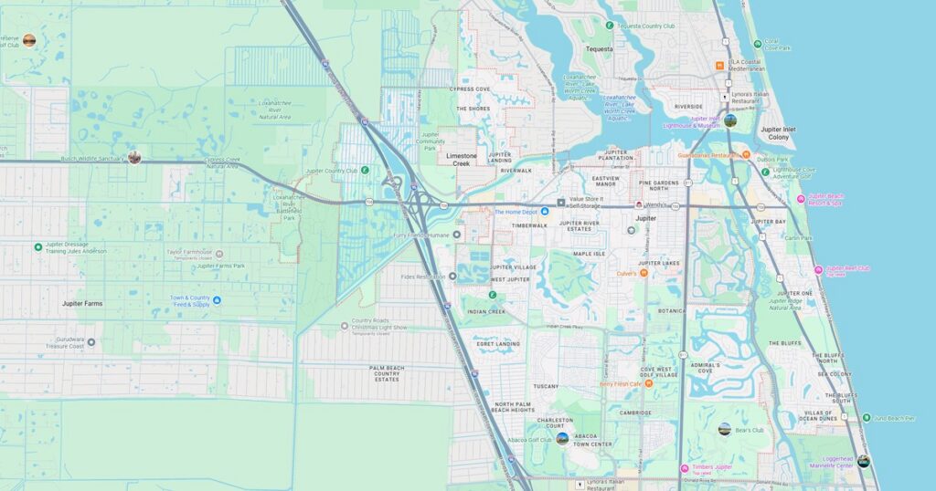 Detailed map highlighting Palm Coast city layout, highways, parks, and waterways in Florida.
