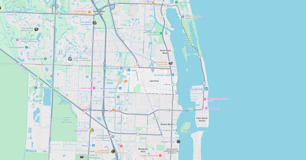 Detailed map of North Miami Beach showing streets, parks, and landmarks in the area.