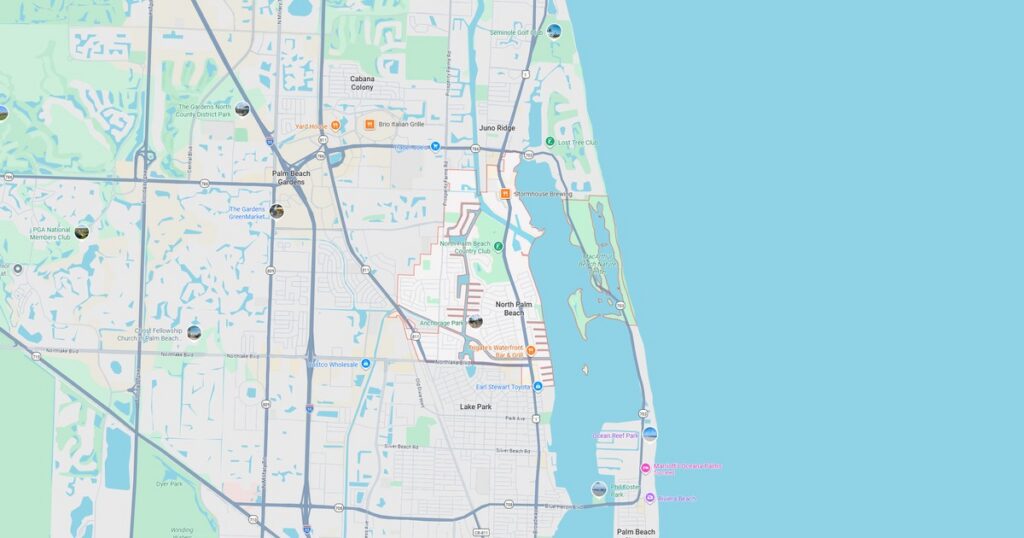 Detailed map showing streets, parks, and landmarks in Lake Park area with water bodies and road networks.
