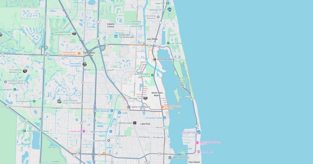 Detailed map showing streets, parks, and landmarks in Lake Park area with nearby water bodies and transportation routes.