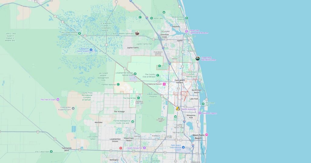 Detailed map showing Miami Beach, Miami, and nearby areas with roads, parks, and landmarks.