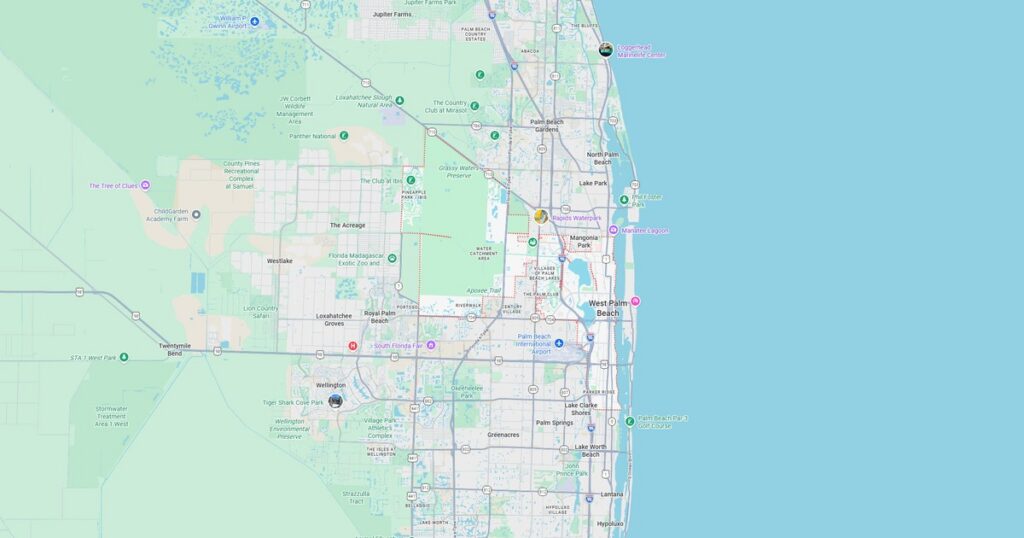 Detailed map showing Miami, Florida, and nearby neighborhoods with roads, parks, and landmarks.