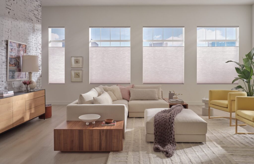 Hunter Douglas Applause honeycomb shades with Top-Down/Bottom-Up and PowerView in a calm living room