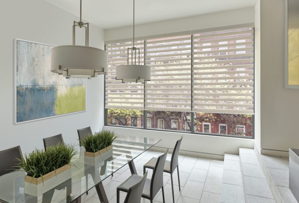 Designer Banded Shades in Blakeney with SoftTouch® Motorization in a dining room