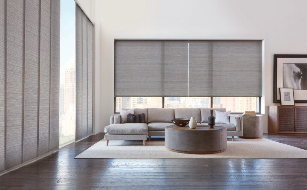 Designer Roller Shades and Skyline® Gliding Window Panels in Maya with PowerView® Automation in a living room
