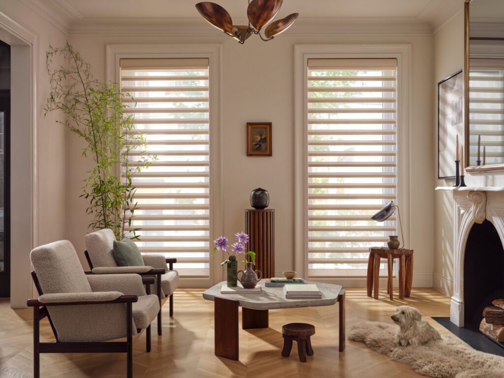 Alustra® Pirouette® Window Shadings in Oakley Sand Jasper with PowerView® Automation in a living room with a dog