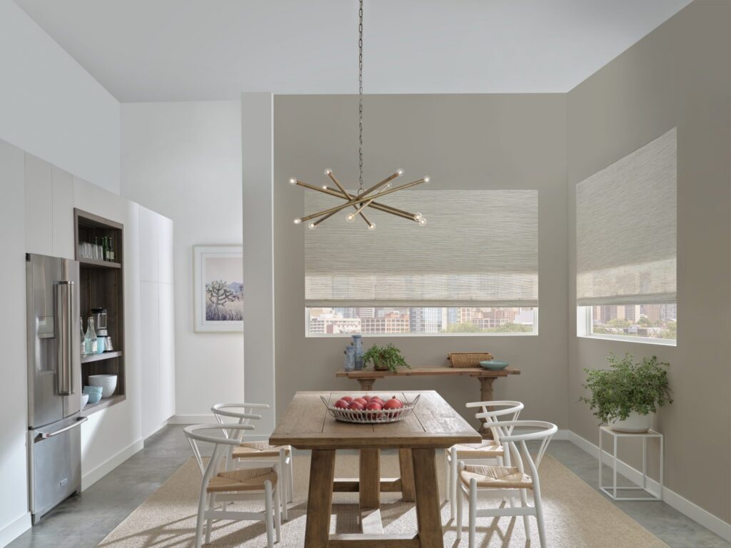 Provenance® Woven Wood Shades in Positano with PowerView® Automation in a dining room